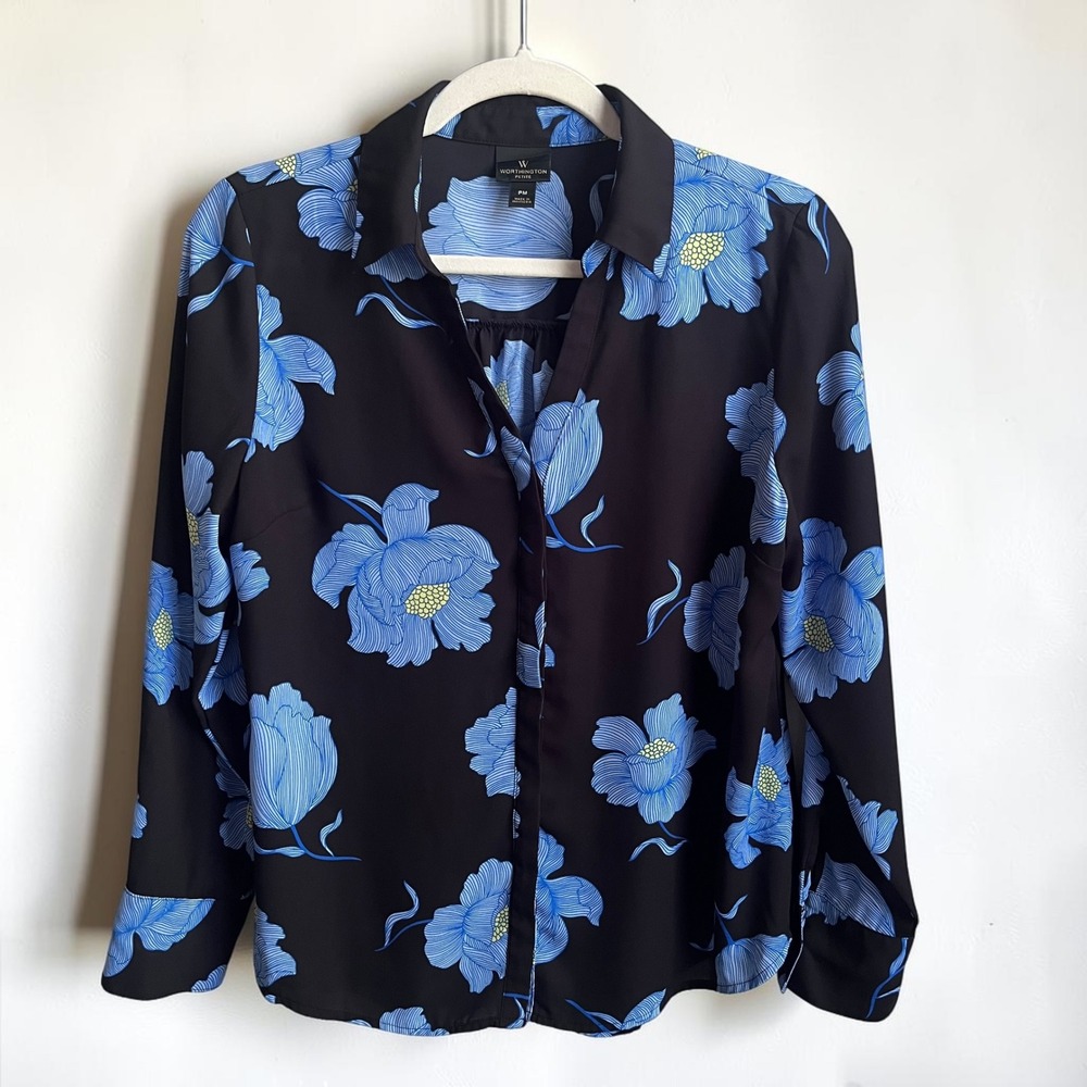 Vintage Blouse Top Women's Medium Asian Blue Floral Retro Feminine Y2K Office